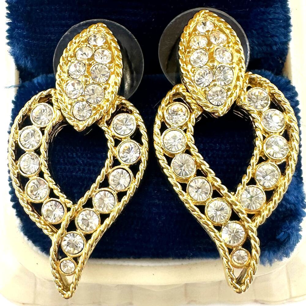 Nolan Miller gold tone clear rhinestones door knocker dangle drop post earrings